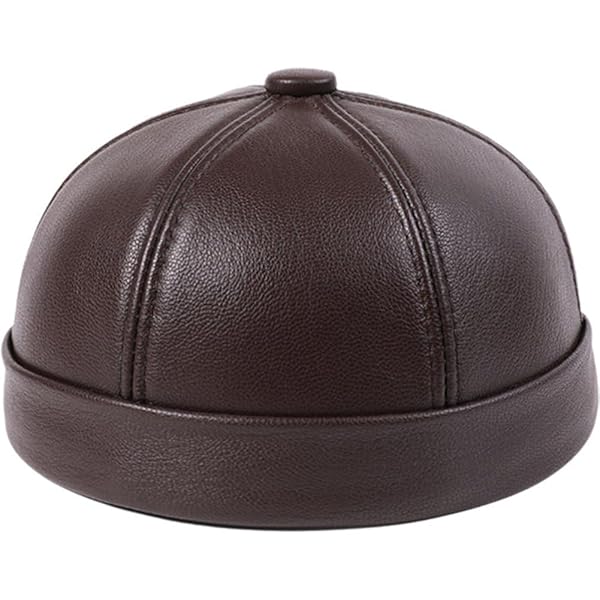 Men Genuine Leather Skullcap, Sailor Cap Hat,Rolled Cuff Vintage